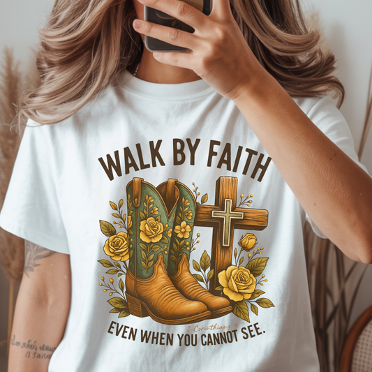 Walk By Faith Western Boots DTF Transfer – Yellow Rose Christian Cowgirl Design – Bible Verse 2 Corinthians 5:7 Inspirational Print