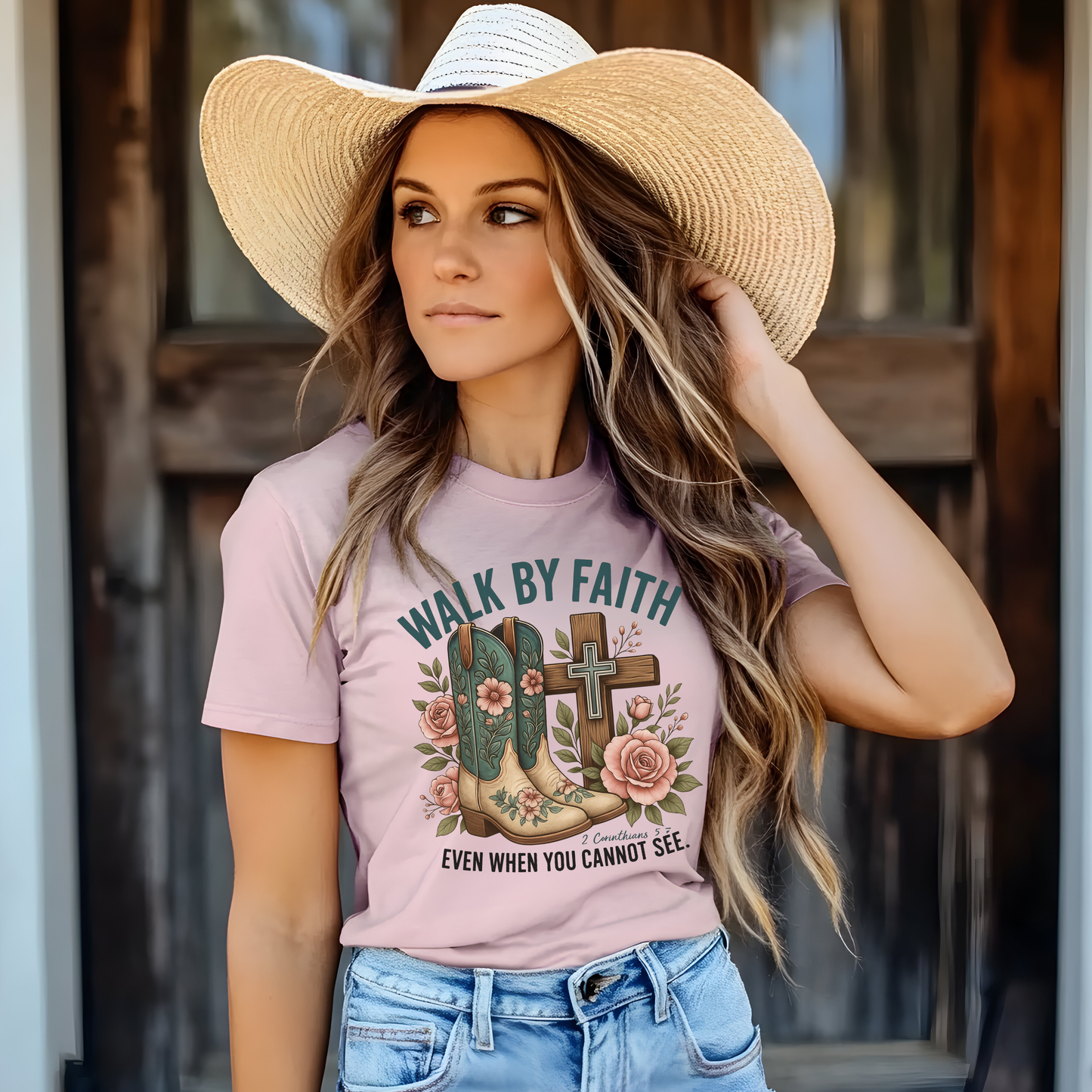 Walk By Faith Western Boots Blush/Teal & Cross DTF Transfer – Christian Floral Cowboy Boot Print – 2 Corinthians 5:7 Shirt Design