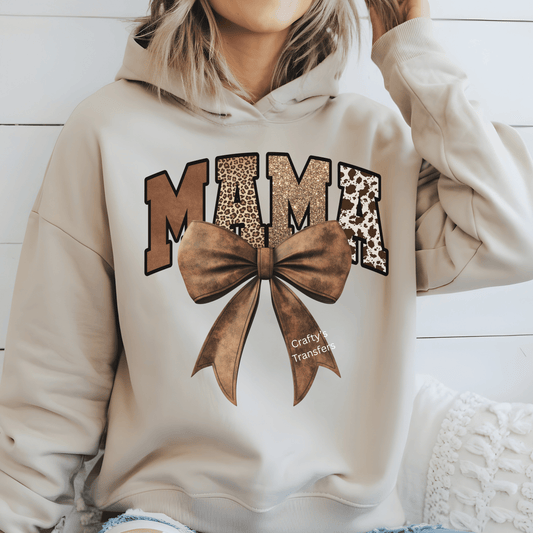 Mama Leopard Cowhide Bow DTF Transfer | Western Mama Shirt Heat Transfer | Rustic Boho Mom Apparel Design