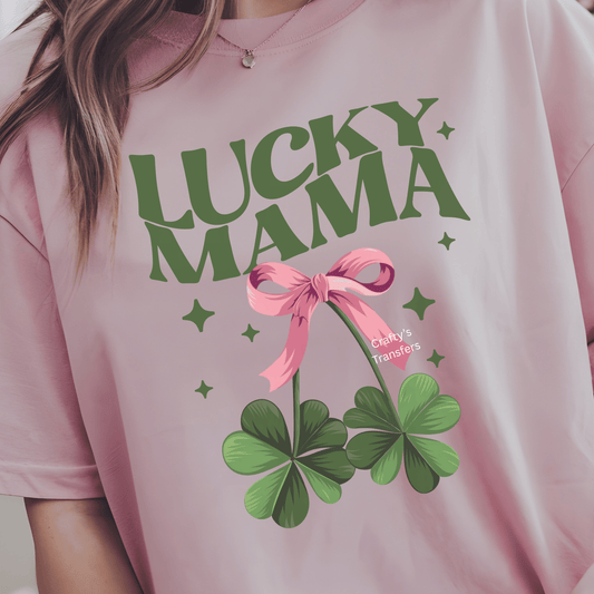 Lucky Mama DTF Shirt Transfer | Pink Bow Shamrock St. Patrick’s Day Mama Design