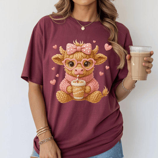 Pink Faux Yarn Highland Cow DTF Transfer – Valentine Cow with Bow & Heart Glasses – Cute Boutique Shirt Heat Transfer