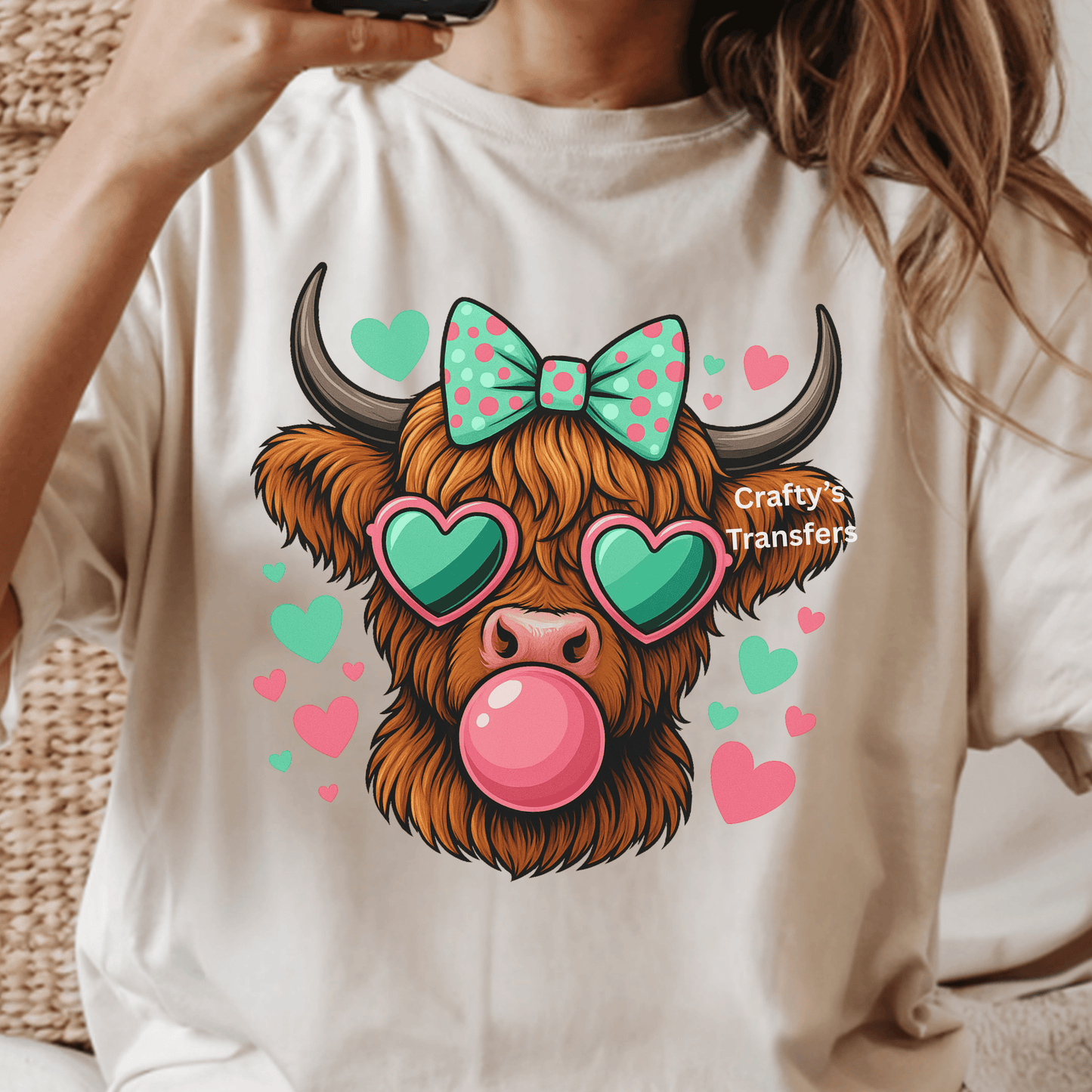 Valentine Bubble Gum Highland Cow DTF Transfer – Cute Cow with Bow & Heart Glasses – Trendy Valentine Shirt Heat Transfer