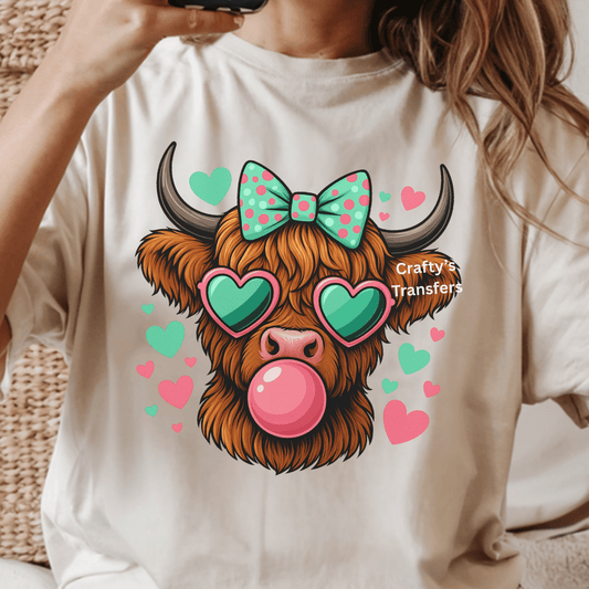 Valentine Bubble Gum Highland Cow DTF Transfer – Cute Cow with Bow & Heart Glasses – Trendy Valentine Shirt Heat Transfer