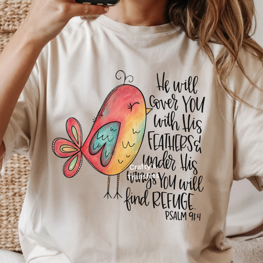 He Will Cover You DTF Transfer – Psalm 91:4 Scripture Bird Design – Christian Faith Heat Transfer – Ready to Press