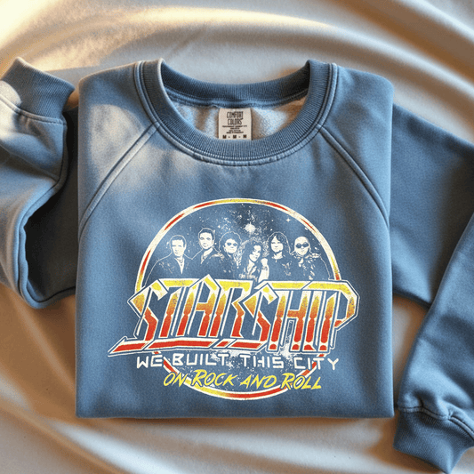 Starship-Inspired Rock DTF Transfer – We Built This City on Rock and Roll Design – Classic Rock Music Heat Transfer – Ready to Press
