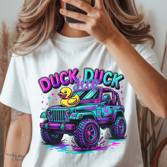 Duck Duck Jeep DTF Transfer – Colorful Jeep Ducking Heat Transfer – Fun Off-Road Jeep Shirt Design – Ready to Press