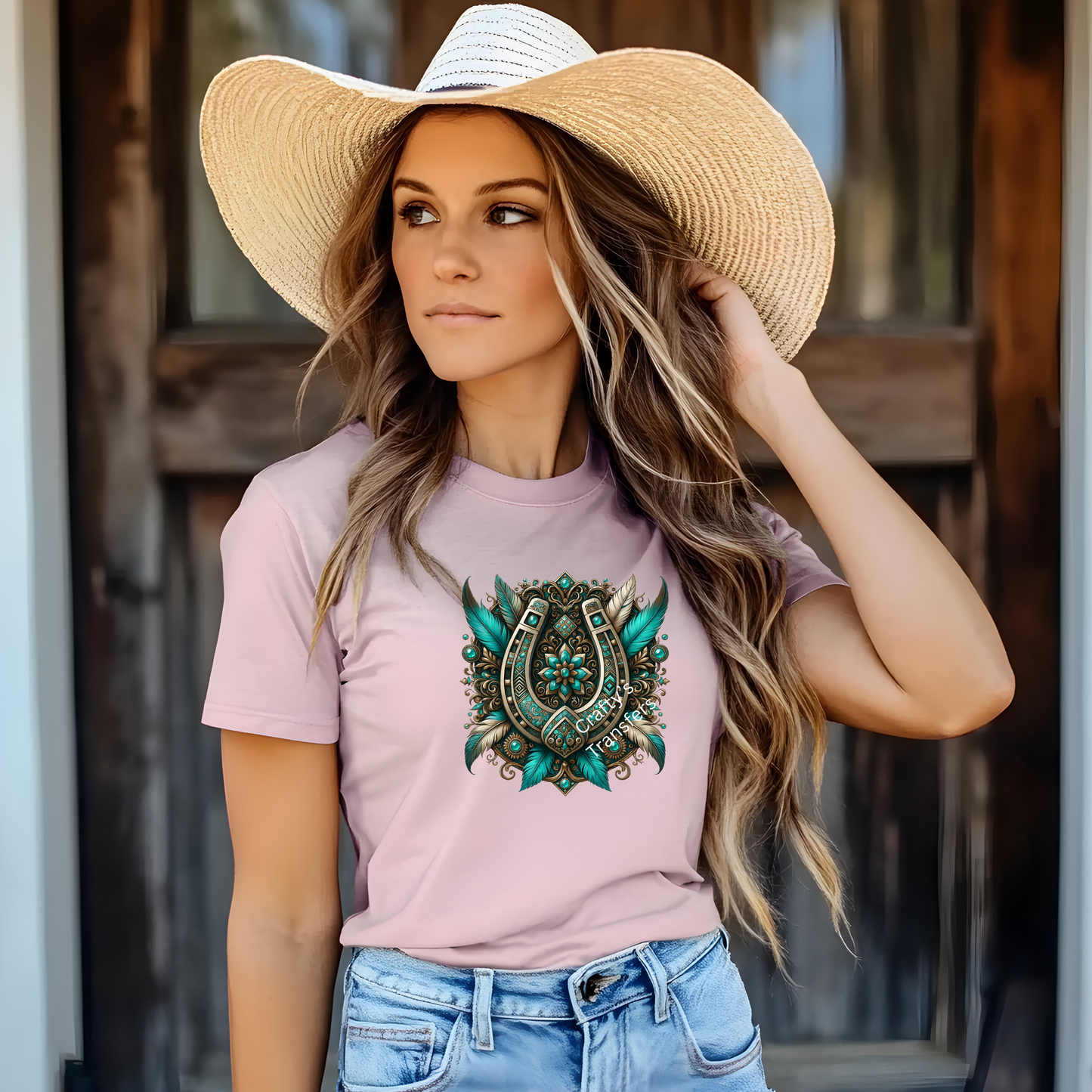 Turquoise Western Horseshoe DTF Transfer – Boho Feather Cowgirl Heat Transfer for Shirts