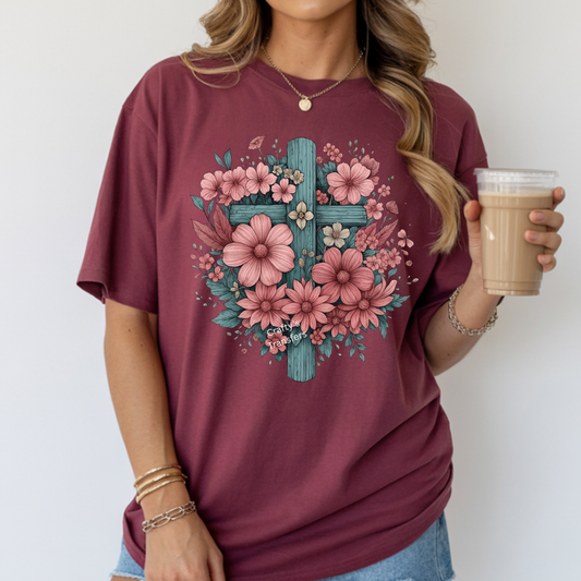 Teal & Blush Floral Cross DTF Transfer – Christian Boho Faith Heat Transfer for Shirts