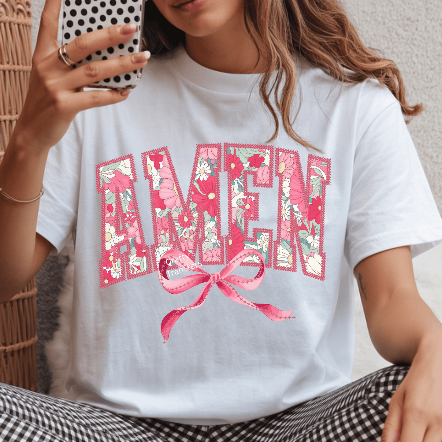Amen Floral Bow DTF Transfer | Faith Christian Shirt Heat Transfer | Inspirational Religious Apparel Design