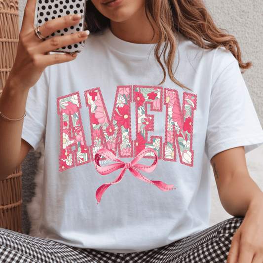 Amen Floral Bow DTF Transfer | Faith Christian Shirt Heat Transfer | Inspirational Religious Apparel Design