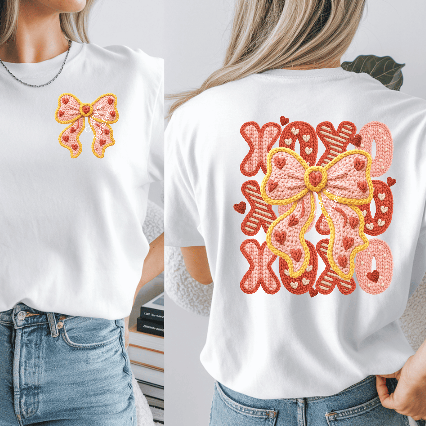XOXO Faux Yarn Bow DTF Transfer | Coquette Valentine Heat Transfer | Chunky Knit Love Shirt Design