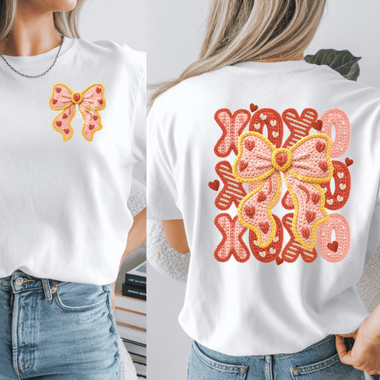 XOXO Faux Yarn Bow DTF Transfer | Coquette Valentine Heat Transfer | Chunky Knit Love Shirt Design