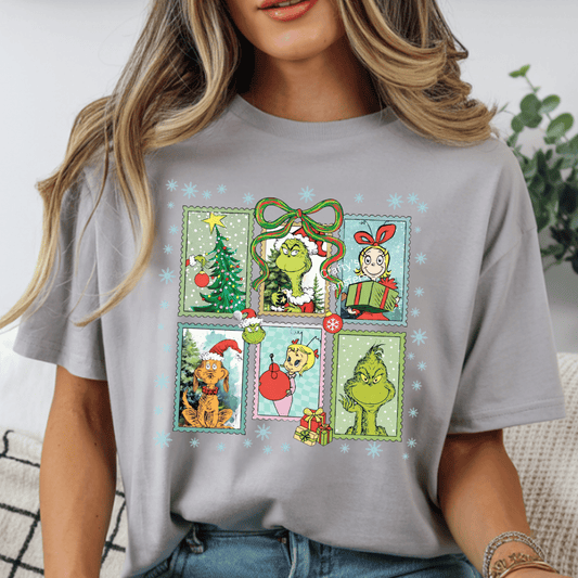 Grinch Christmas Collage DTF Transfer | Vintage Holiday Character Patchwork Heat Transfer for Shirts