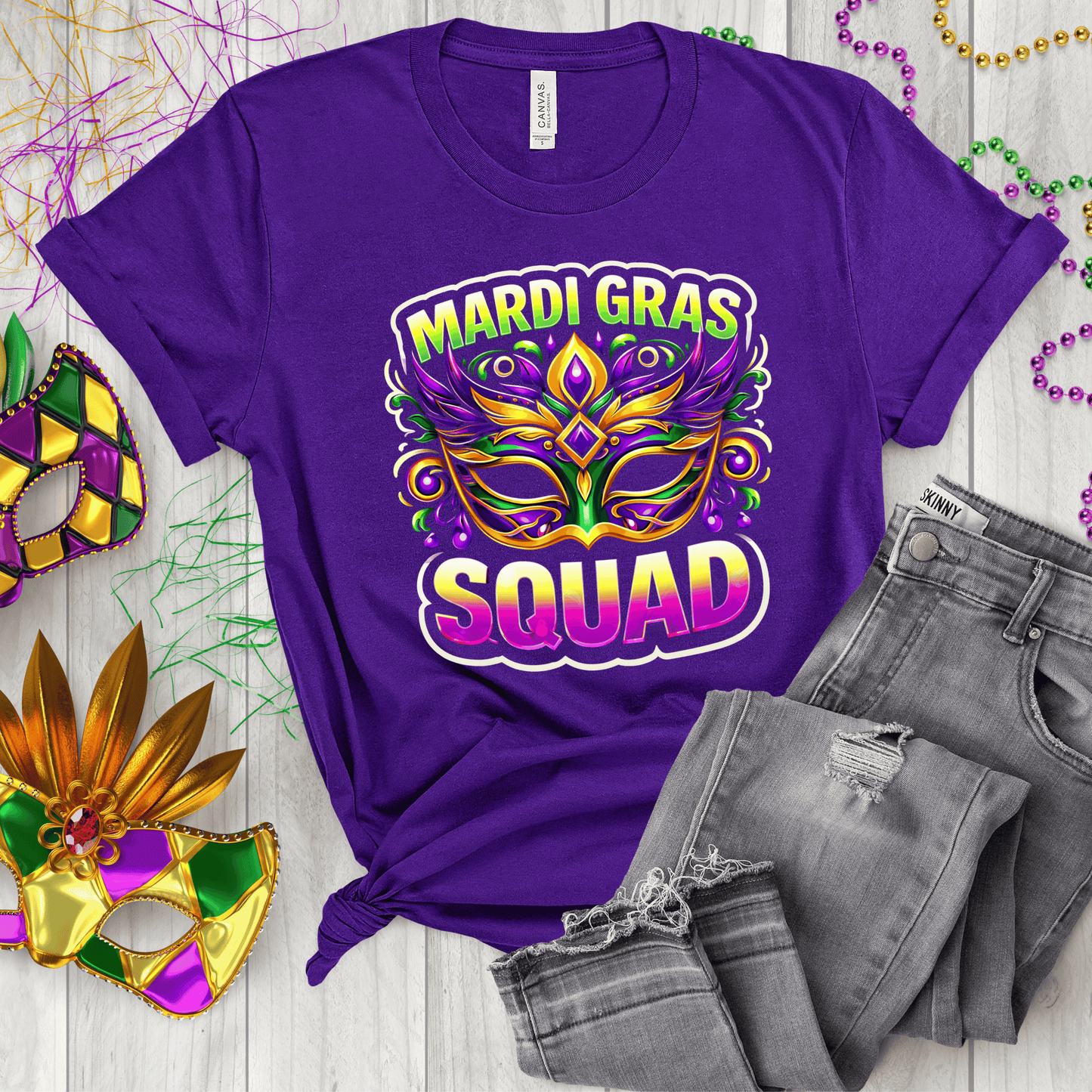 Mardi Gras Squad DTF Transfer | Carnival Mask Heat Transfer Design for Parade Shirts