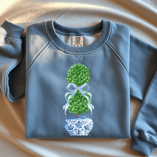 Blue Chinoiserie Topiary DTF Transfer | Classic Ginger Jar Greenery Heat Transfer