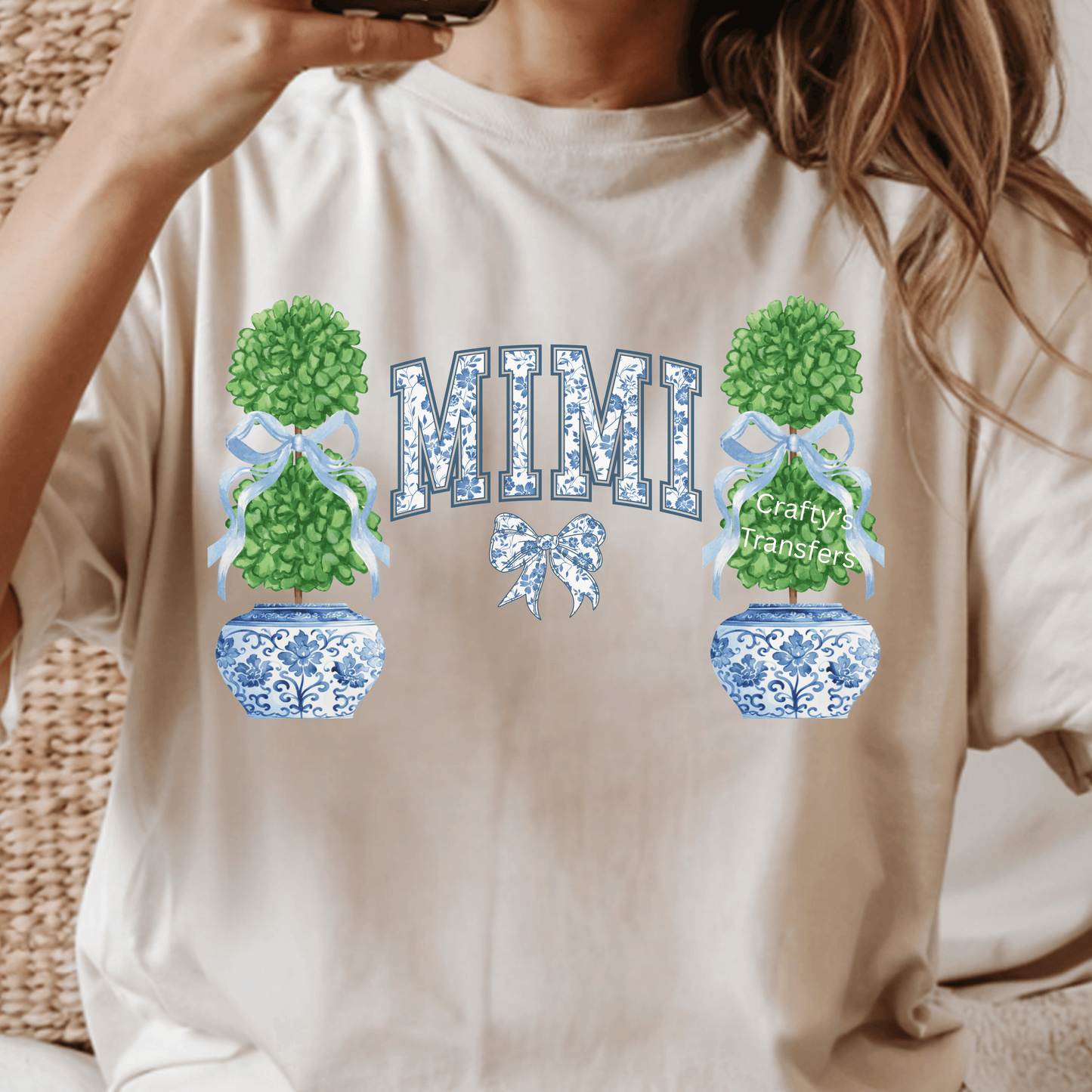 MIMI Chinoiserie DTF Transfer | Blue & White Topiary Bow Grandmother Heat Transfer