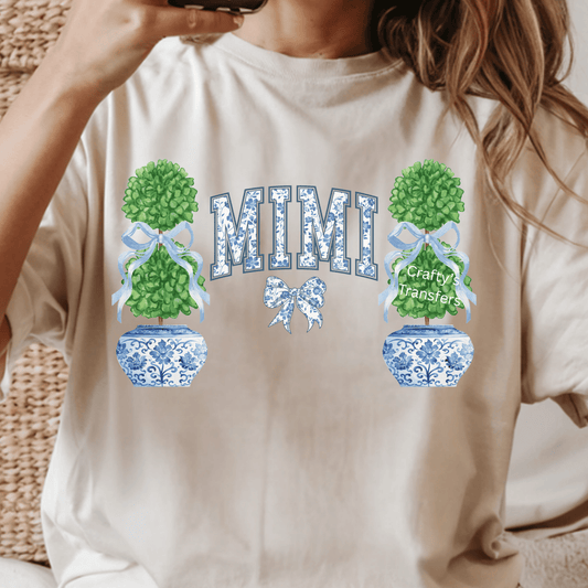 MIMI Chinoiserie DTF Transfer | Blue & White Topiary Bow Grandmother Heat Transfer