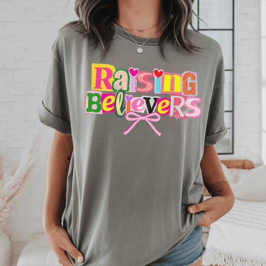 Raising Believers DTF Transfer | Faith Collage Christian Heat Transfer for Moms