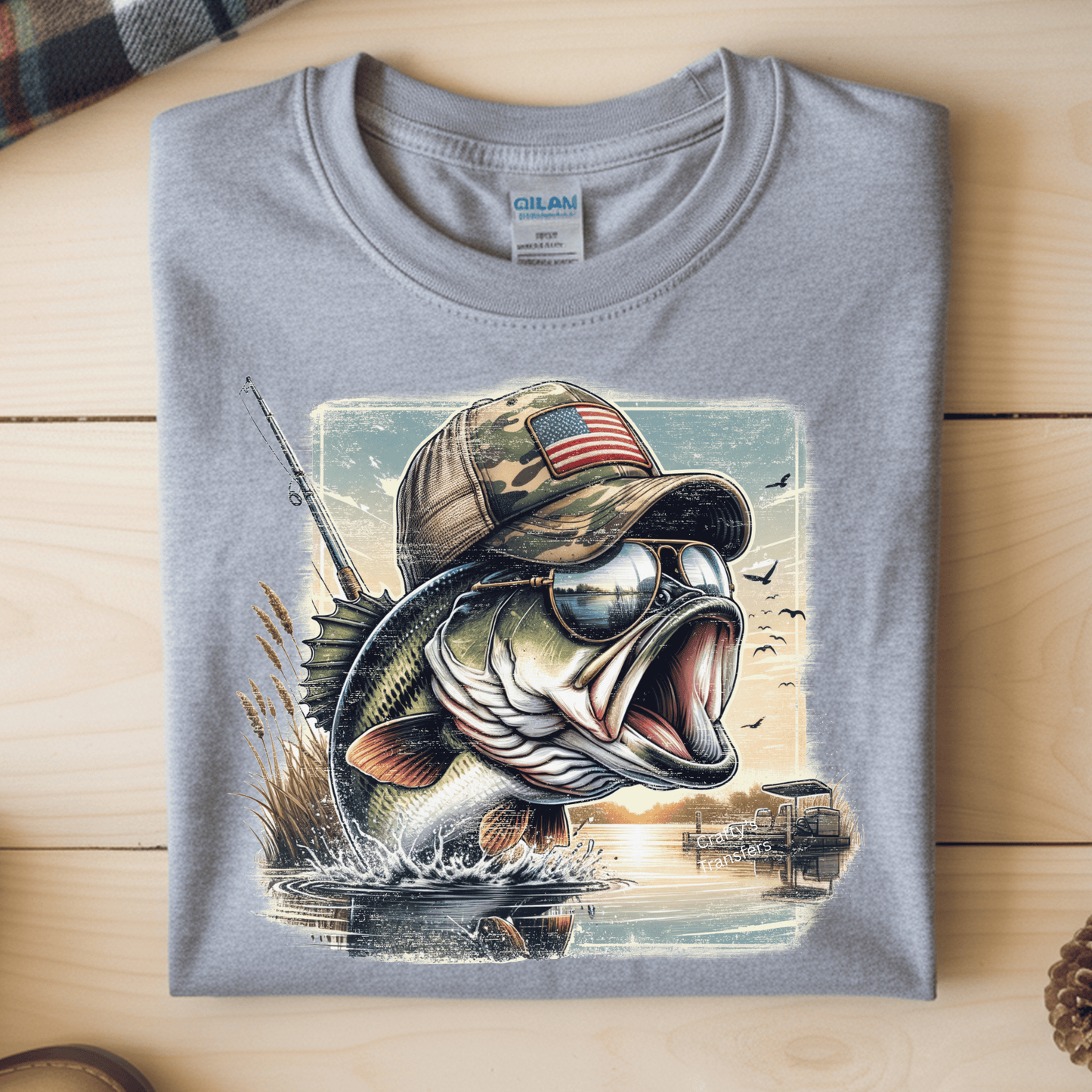 Patriotic Bass Fishing DTF Transfer | American Flag Hat Angler Heat Press Design