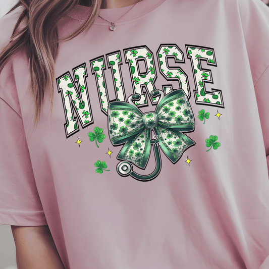 Nurse St. Patrick’s Day DTF Transfer | Lucky Shamrock Nurse Bow Heat Press Design