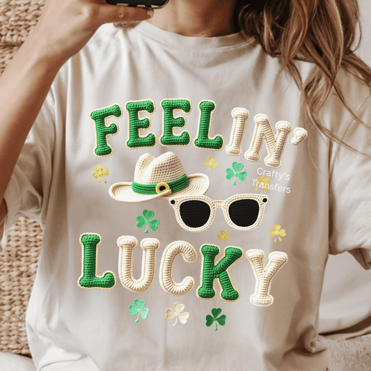 Feelin’ Lucky DTF Transfer | Crochet Style St. Patrick’s Day Shamrock Heat Press Design