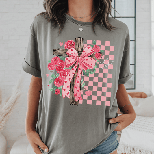 Valentine Cross DTF Transfer | Floral Wooden Cross with Pink Bow Heat Press Design