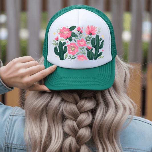 Floral Dark Cactus Trucker Hat DTF Transfer | Western Cowgirl Pink Flower Hat Heat Press Design