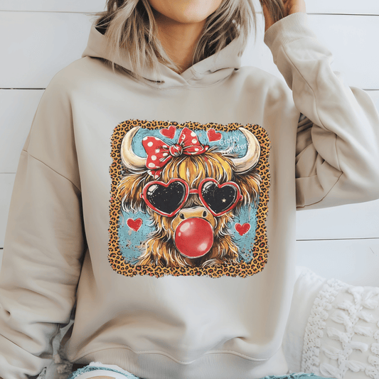 Valentine Highland Cow DTF Transfer | Cute Cow with Heart Glasses, Bow & Leopard Print Heat Press Design