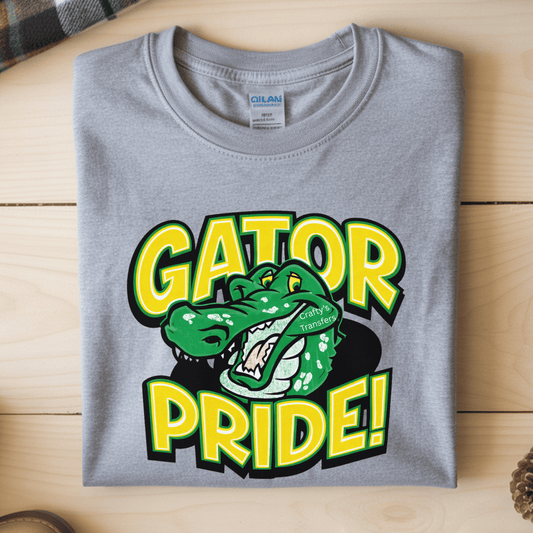 Gator Pride DTF Shirt Transfer | Green & Gold Alligator Mascot Spirit Tee Design