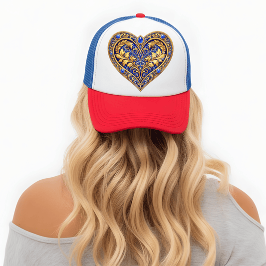Blue & Gold Ornate Heart DTF Trucker Hat Transfer | Luxury Gem Scroll Heart Design