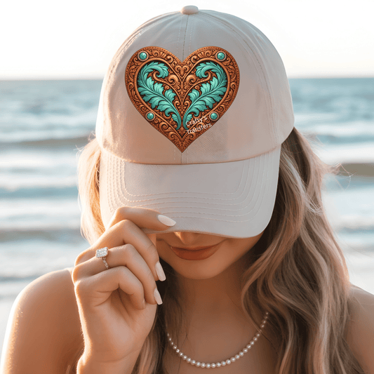Turquoise Tooled Heart DTF Trucker Hat Transfer | Western Leather Heart Heat Transfer Design