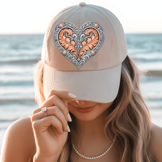 Silver & Peach Tooled Heart DTF Trucker Hat Transfer | Western Scroll Heart Heat Transfer Design