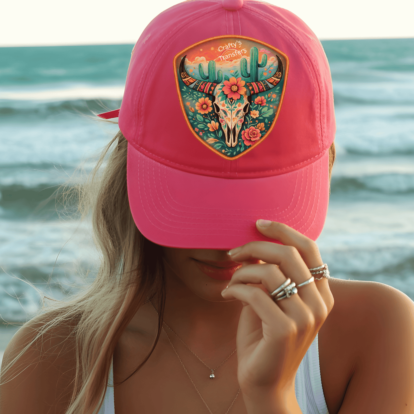 Floral Longhorn Skull DTF Trucker Hat Transfer | Western Cactus Cow Skull Heat Transfer Design