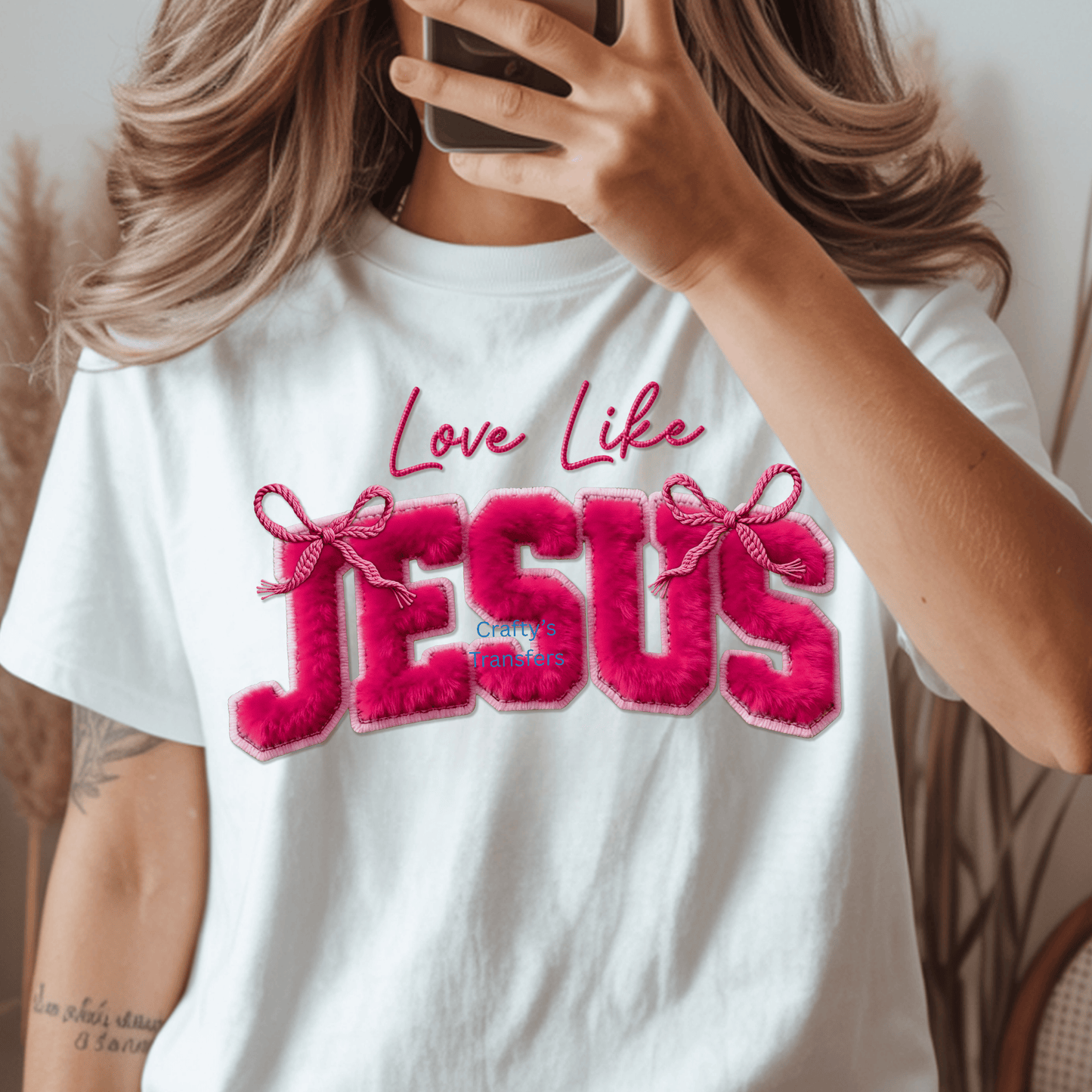 Love Like Jesus DTF Shirt Transfer | Pink Faux Fur Valentine Faith Design