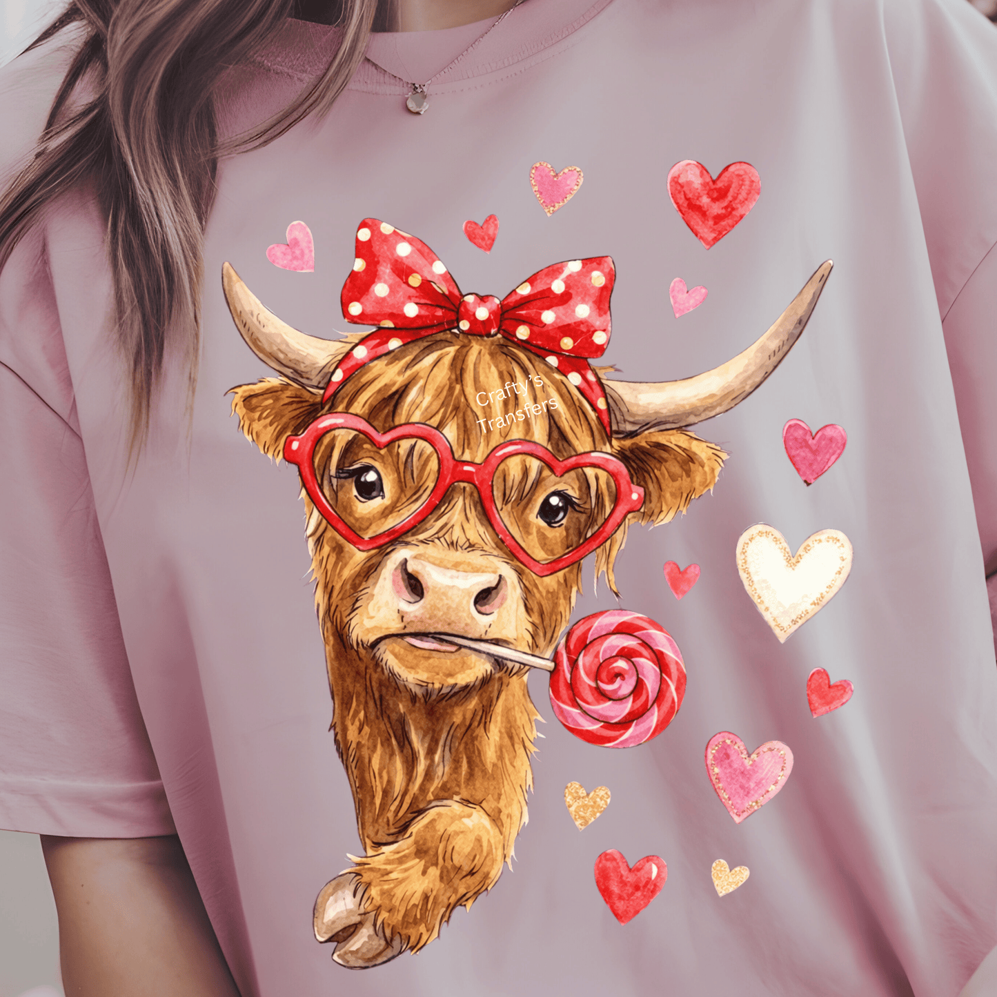 Valentine Highland Cow DTF Shirt Transfer | Cute Cow with Heart Glasses & Lollipop Design