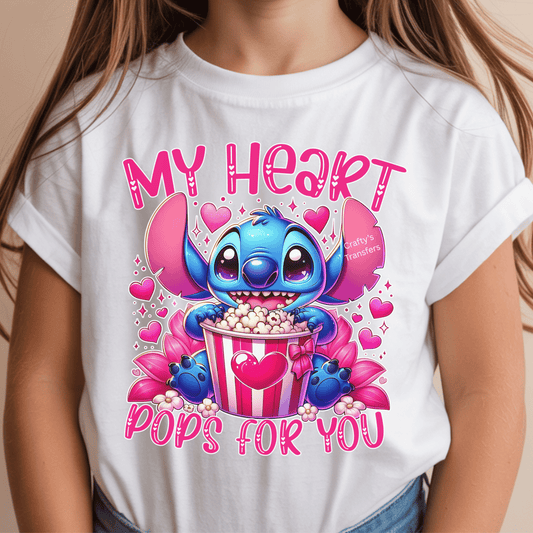 My Heart Pops for You DTF Shirt Transfer | Cute Valentine Popcorn Character Design