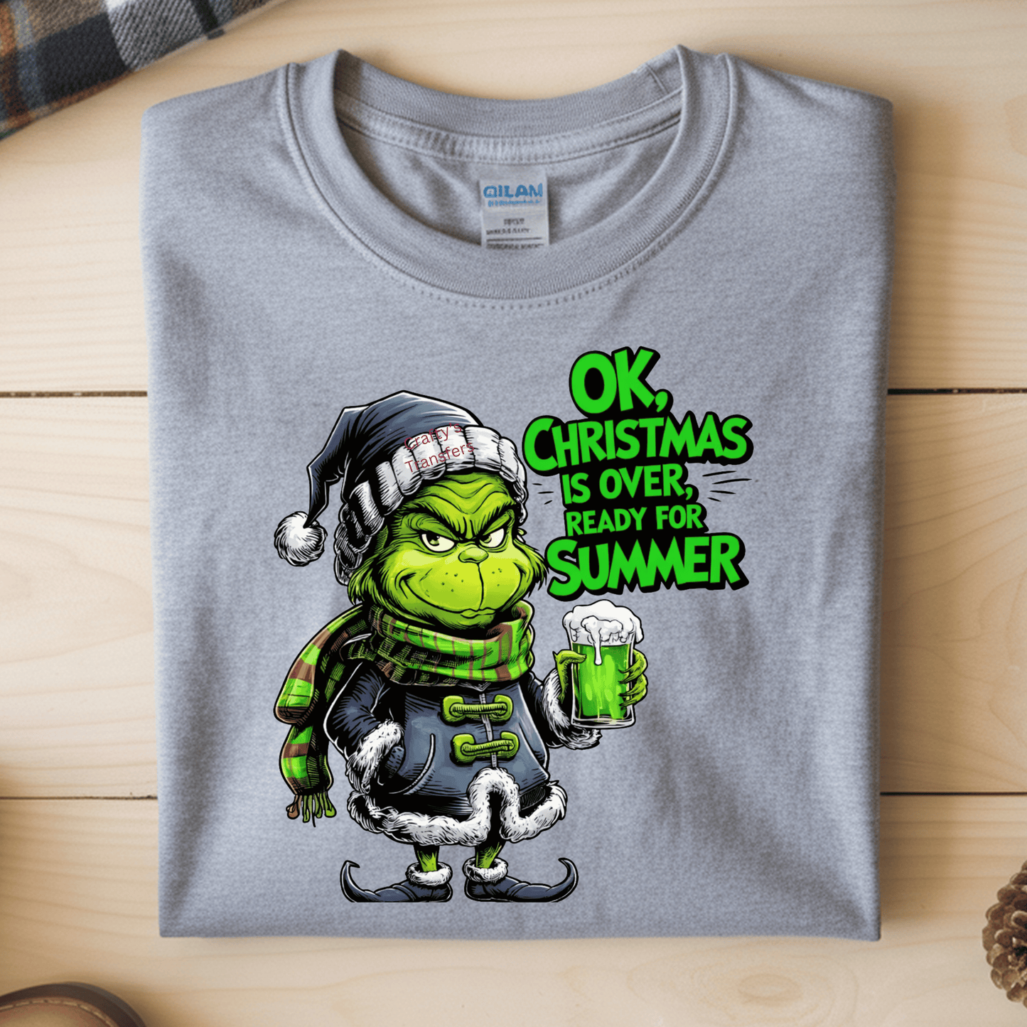 Funny Green Holiday Character DTF Shirt Transfer | Christmas Is Over Ready for Summer Graphic