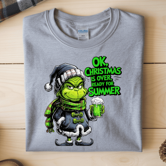 Funny Green Holiday Character DTF Shirt Transfer | Christmas Is Over Ready for Summer Graphic