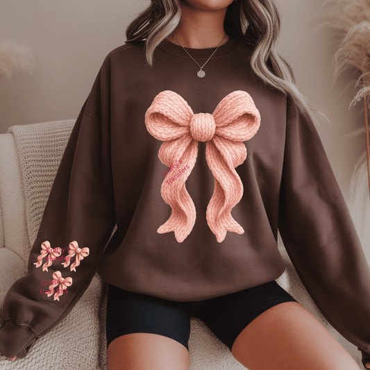 Blush Pink Faux Yarn Bow DTF Shirt Transfer | Cozy Knit Bow Design for Shirts & Sweatshirts
