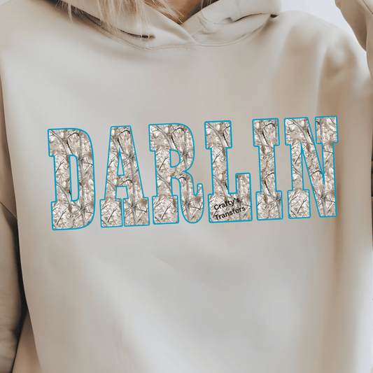 DARLIN’ Camo DTF Shirt Transfer | Western Neutral Camouflage with Teal Outline Design