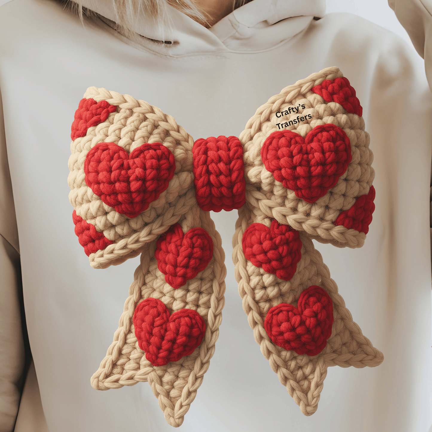 Faux Yarn Heart Bow DTF Shirt Transfer | Chunky Knit Red & Cream Valentine Bow Design