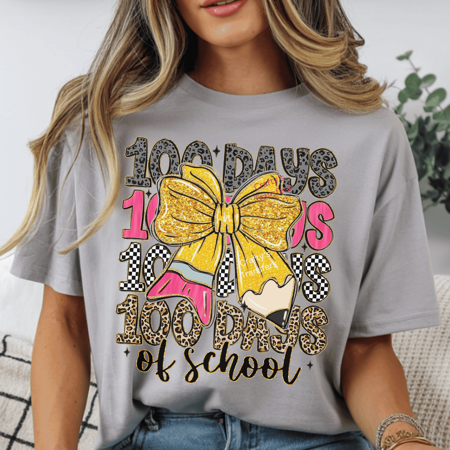 100 Days of School DTF Transfer | Glitter Bow Pencil Design | Teacher & Kids 100th Day Shirt Heat Transfer