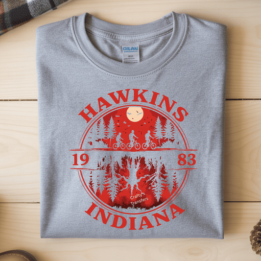 Hawkins Indiana 1983 DTF Transfer | Upside Down Retro Bike Scene | 80s Horror Style Shirt Transfer