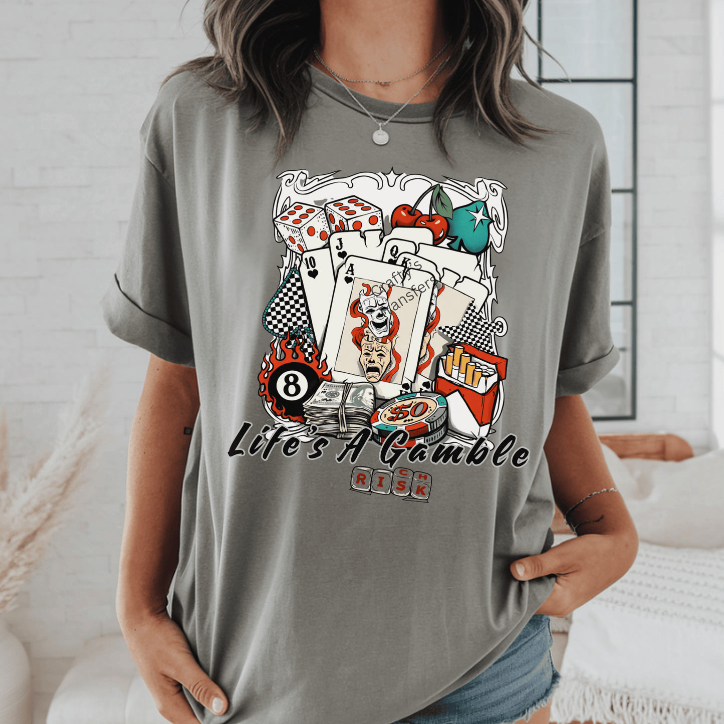 Life’s a Gamble DTF Shirt Transfer | Casino Cards Dice & Skull Graphic | Gambling Heat Transfer Design