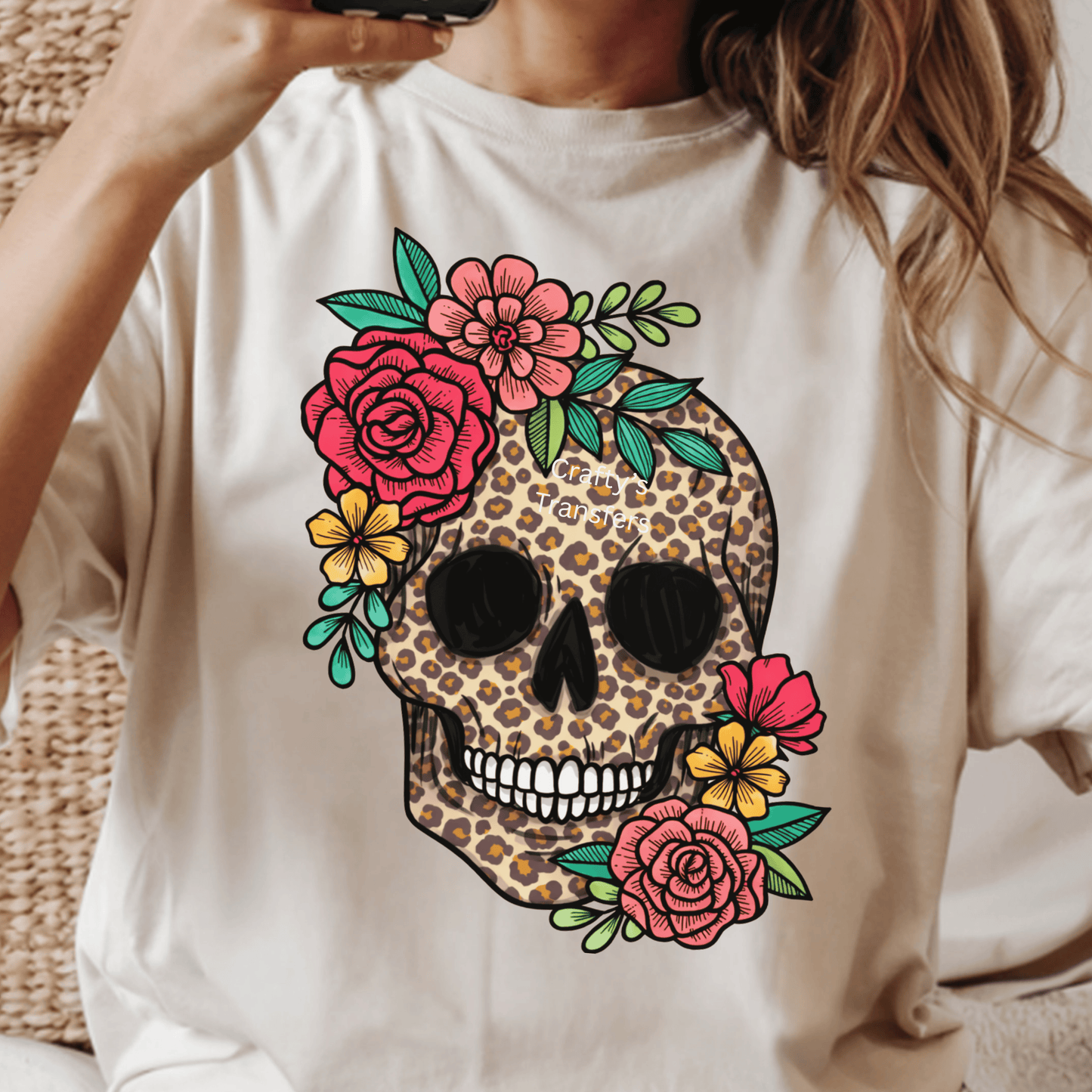 Leopard Floral Skull DTF Shirt Transfer | Cheetah Print Sugar Skull Heat Transfer | Western Boho Boutique Graphic