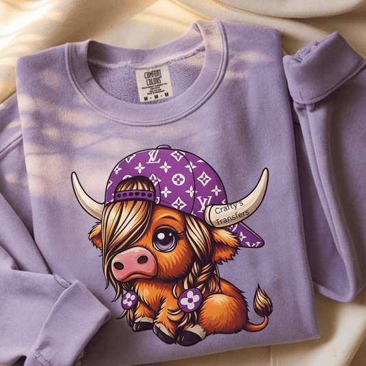 Purple Designer Cow DTF Shirt Transfer | Cute Highland Cow Heat Transfer | Boutique Western Graphic Tee Design