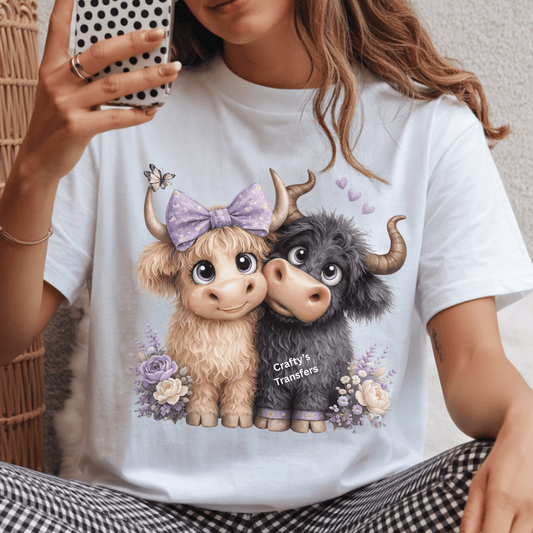 Lavender Cow Couple DTF Shirt Transfer | Cute Highland Cows with Bow & Florals | Western Boutique Heat Press Design