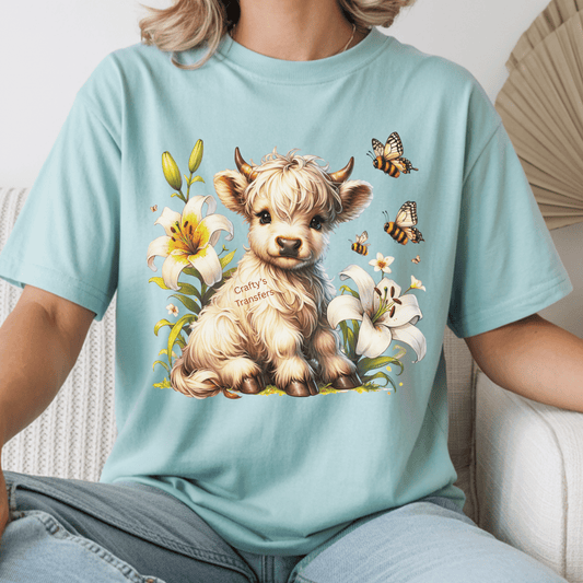 Spring Highland Cow DTF Shirt Transfer | Cute Floral Baby Cow Design | Farm Animal Heat Press Transfer