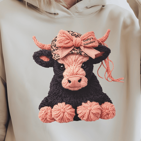 Pink & Black Cow DTF Shirt Transfer | Faux Yarn Cow with Leopard Bow | Cute Boutique Heat Press Design