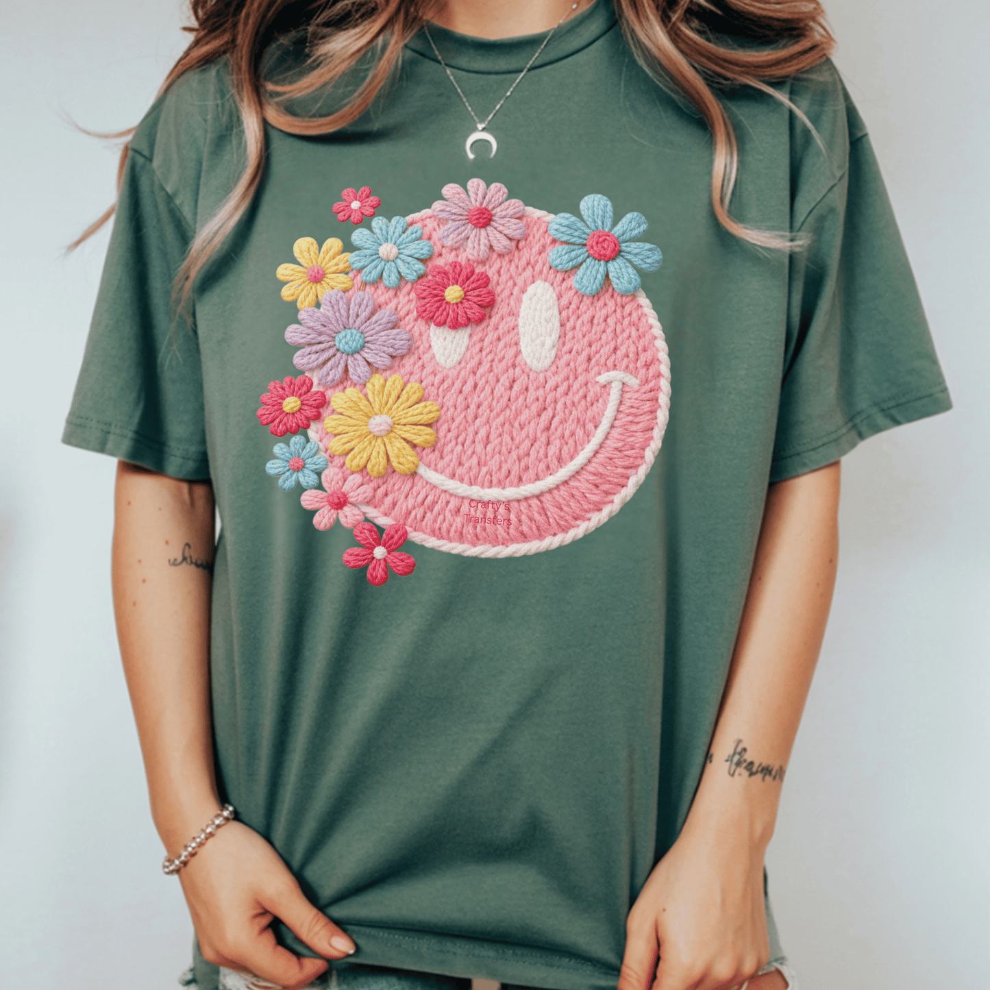 Faux Yarn Smiley Face DTF Shirt Transfer | Floral Smiley Heat Press Design | Cute Boutique Spring Graphic